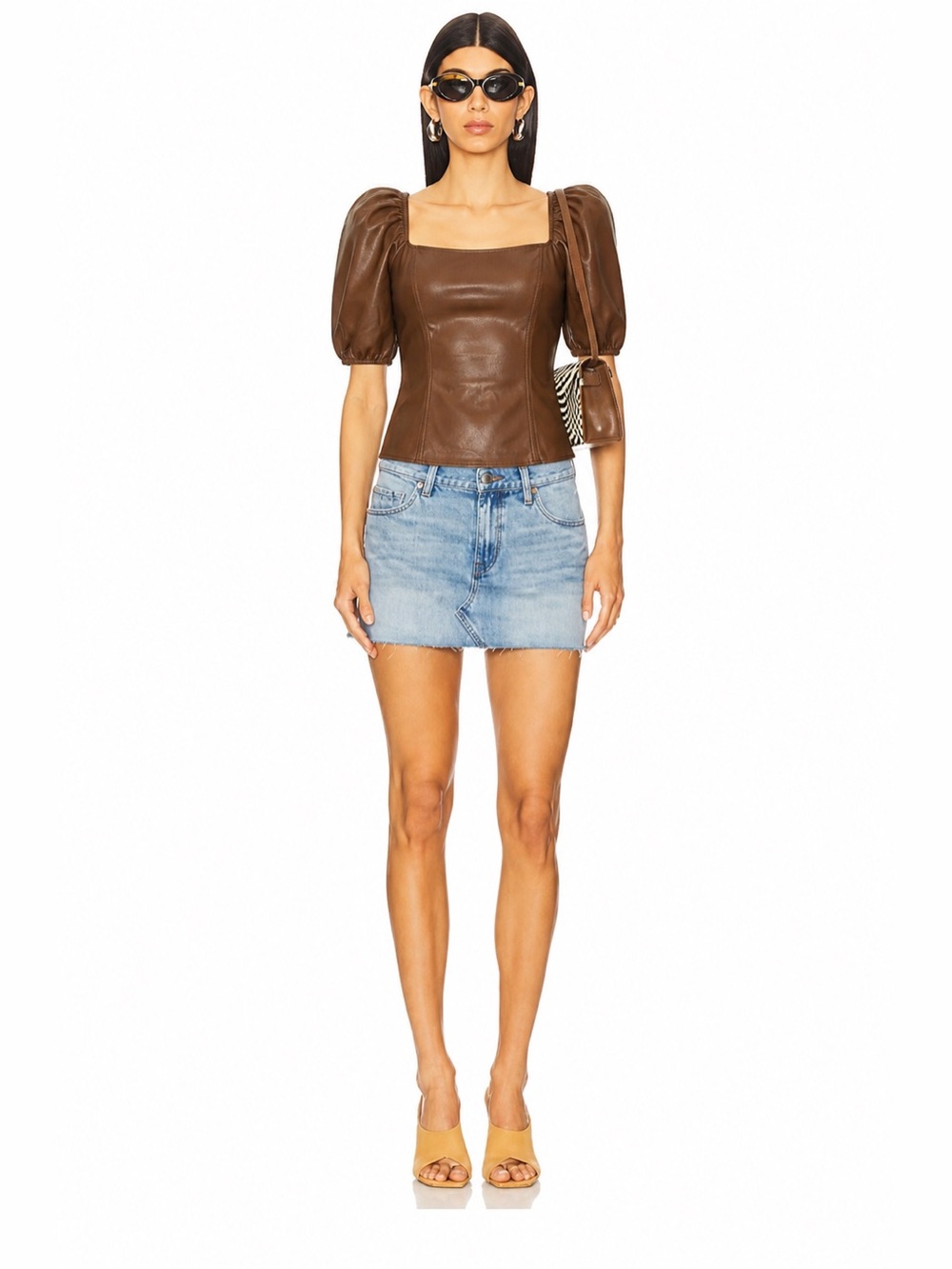 Marc New York Faux Leather Puff Sleeve Top Brown Chic Quiet Luxury 📐M - Picture 11 of 11